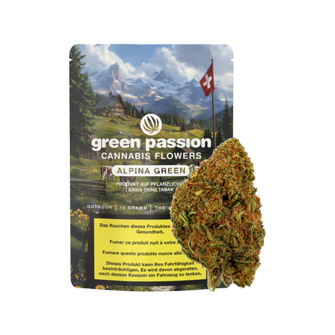 CBD Blüten Alpina Green Outdoor 10g – Schweizer Cannabisblüten, outdoor angebaut, in wiederverschließbarer Verpackung mit Alpenmotiv.