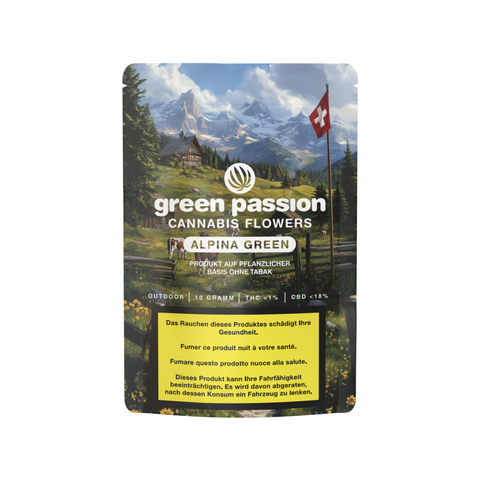 Alpina Green Outdoor CBD Blüten – Verpackung mit 10g Schweizer Outdoor-Cannabis, naturbelassen und reich an Aromen.