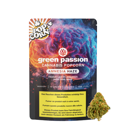 CBD Blüten Amnesia Haze Popcorn von Green Passion – Schweizer Indoor-Qualität mit kompakten, aromatischen Buds. 10g in praktischer Verpackung.