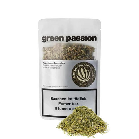 Green Passion CBD Crunch – Premium CBD-Blütenmischung aus der Schweiz in praktischer Verpackung. Fein zerkleinerte Hanfblüten für vielseitigen Genuss.