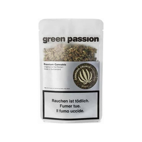 Green Passion CBD Crunch – Hochwertige Schweizer CBD-Blütenmischung im praktischen, wiederverschliessbaren Beutel. 100 % natürliche Zutaten.