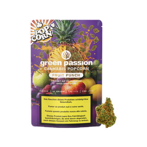 CBD Blüten Fruit Punch Popcorn von Green Passion – Schweizer Indoor-Qualität mit fruchtig-süssem Aroma. 10g in einer praktischen Verpackung.