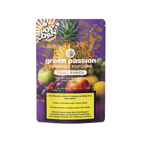 Fruit Punch Popcorn 10g – Schweizer Indoor-Cannabis von Green Passion. Wiederverschließbare Verpackung für langanhaltende Frische und Aroma.