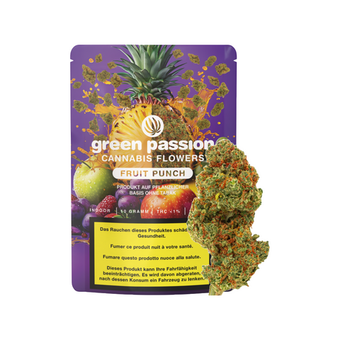 Fruit Punch CBD Blüten von Green Passion – hochqualitatives Schweizer Indoor-Cannabis mit tropischem Aroma, abgebildet mit einzigartiger Verpackung.