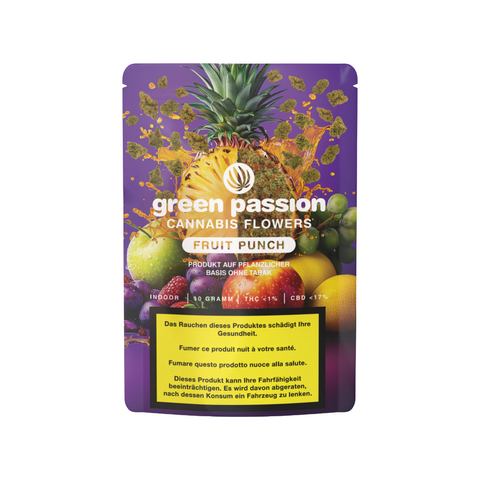 Fruit Punch CBD Blüten von Green Passion – stilvolle Verpackung mit exotischem Design, Schweizer Indoor-Qualität mit intensiven fruchtigen Aromen.