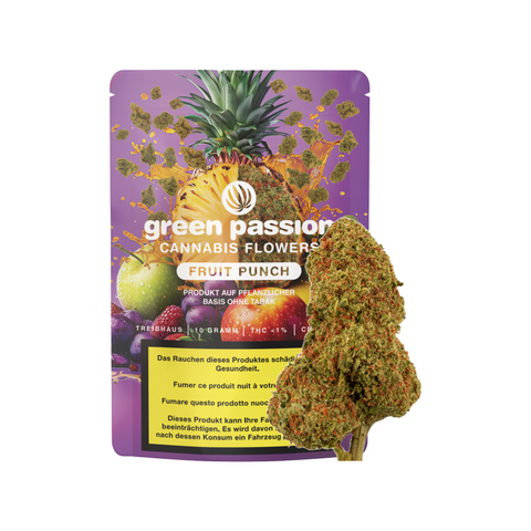 CBD Blüten Fruit Punch Treibhaus von Green Passion – Aromatische Schweizer Greenhouse-Blüten mit intensivem Fruchtaroma. Verpackung und Blüte in Nahaufnahme.