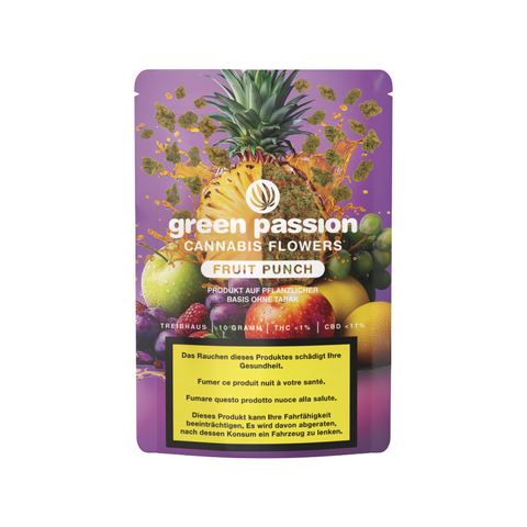 Green Passion Fruit Punch Treibhaus – Schweizer Treibhaus-CBD-Blüten in ansprechender Verpackung, für ein aromatisches und legales Genusserlebnis.