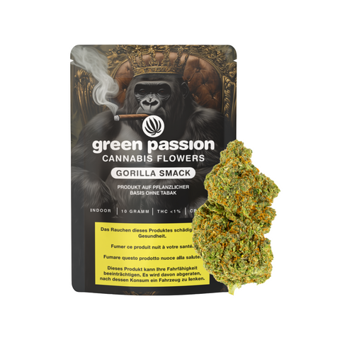 Gorilla Smack CBD-Blüten von Green Passion online kaufen – Premium Schweizer Indoor-Cannabis mit intensiven Aromen, abgebildet mit stilvoller Verpackung und harzigen Buds.