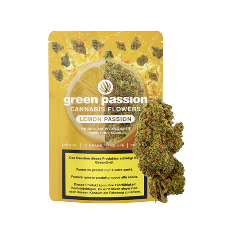 Lemon Passion CBD Blüten von Green Passion – hochwertige Schweizer Indoor-Blüten mit zitronig-frischer Note, abgebildet mit stilvoller Verpackung.