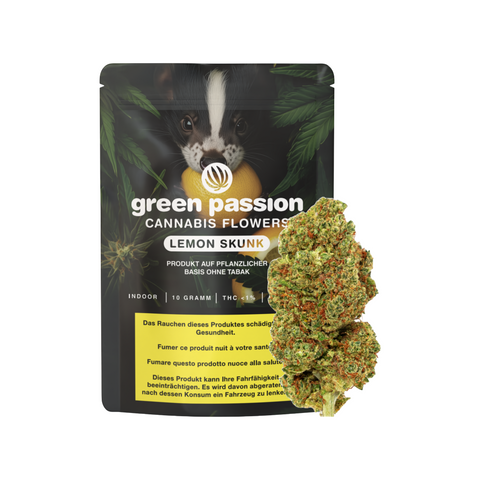 Lemon Skunk CBD Blüten von Green Passion – Verpackung mit edlem Design und einer Indoor-Blüte, reich an natürlichen Terpenen für ein einzigartiges Geschmackserlebnis.