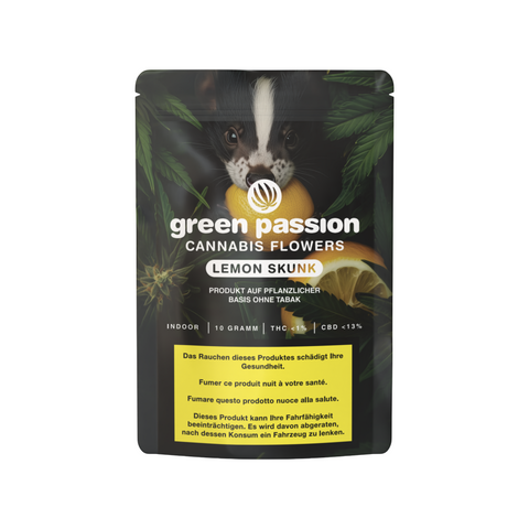 Green Passion Lemon Skunk – Hochwertige Indoor-CBD-Blüten in ansprechender Verpackung mit markantem Skunk- und Zitrusaroma.