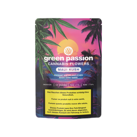 Maui Kush CBD Blüten – Tropische Cannabisblüten in edler, farbenfroher Verpackung mit hawaiianischem Flair. Perfekt für Kenner, die hochwertigen Schweizer Indoor-Hanf geniessen möchten. Green Passion Premium CBD Blüten.