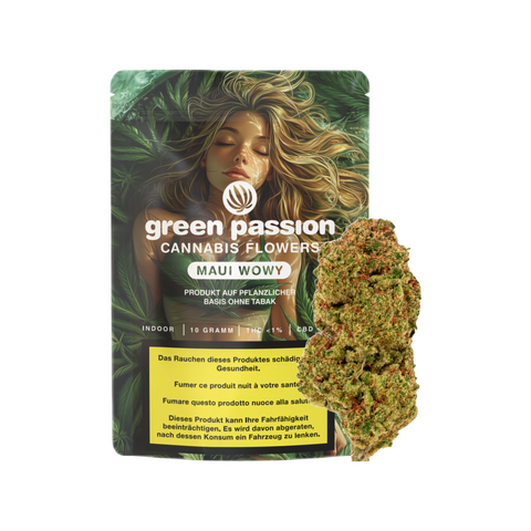 Maui Wowy CBD Blüten von Green Passion – Premium Schweizer Indoor Cannabisblüten mit exotischem Aroma, verpackt in hochwertigem Design. Jetzt kaufen!