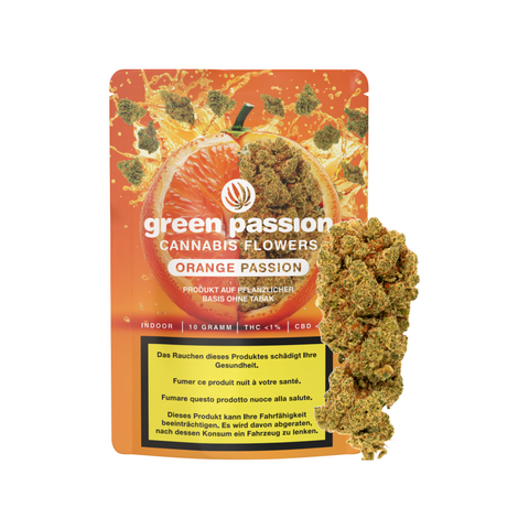 Green Passion Orange Passion – Schweizer Indoor CBD Blüten mit fruchtigem Aroma. Hochwertige CBD Blüten mit einzigartigem Zitrusgeschmack in Premium-Verpackung.