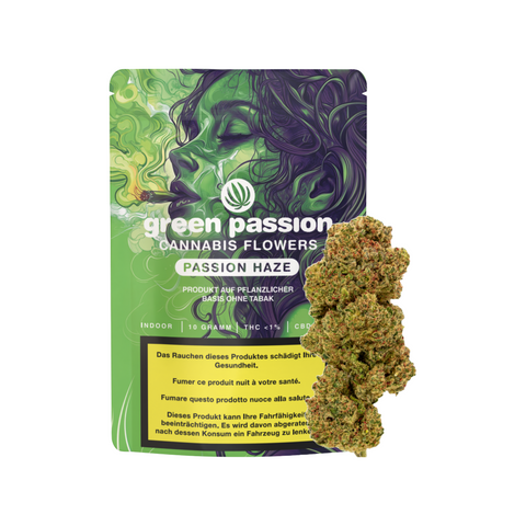 Passion Haze CBD Blüten von Green Passion – Verpackung mit Blüte, Indoor-Anbau, <1% THC, intensives Haze-Aroma.