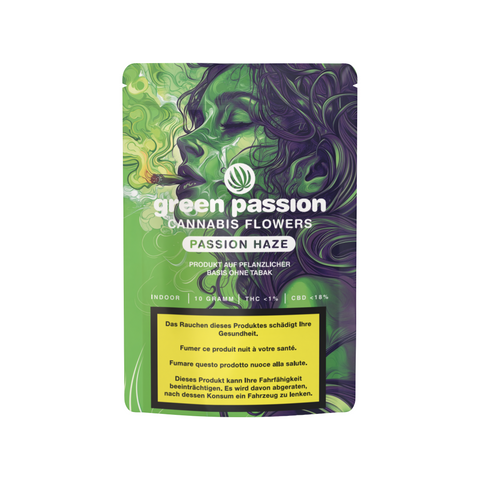 Passion Haze CBD Blüten in Originalverpackung von Green Passion – Hochwertige Schweizer Indoor-Cannabisblüten mit aromatischem Haze-Geschmack.