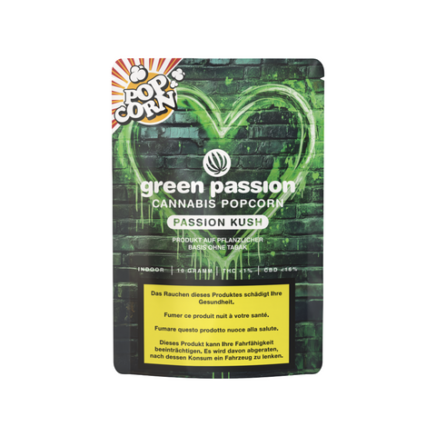 Passion Kush Popcorn 10g von Green Passion – Schweizer Indoor-Cannabis in praktischer Verpackung, reich an Terpenen und mild im THC-Gehalt.