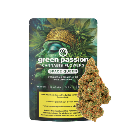 Space Queen CBD Blüten von Green Passion – Hochwertige Schweizer Indoor-Cannabisblüten mit exotischem Aroma. Verpackung mit 10g Inhalt und stilvollem Design.