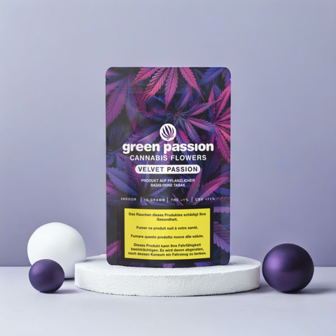 Hochauflösendes Nahaufnahme der Velvet Passion CBD Blüten von Green Passion. Premium Indoor-Hanfblüten aus der Schweiz mit einzigartigem Terpenprofil.