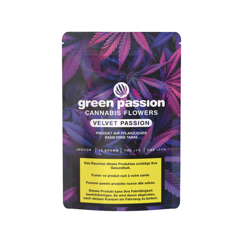 Verpackung der Velvet Passion CBD Blüten – Green Passion Premium Cannabis aus Schweizer Indoor-Anbau. Hochwertige Blüten mit maximalem Geschmackserlebnis.