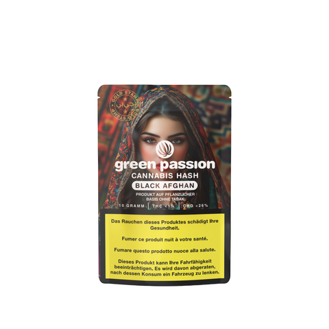 Black Afghan CBD Hash in 10g-Verpackung – Premium-Hasch von Green Passion mit intensiven Aromen und cremiger Textur.