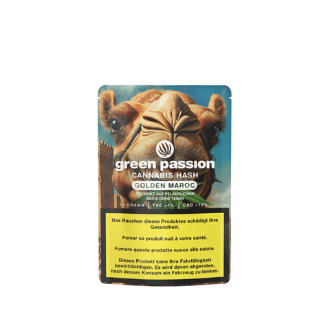 Green Passion Golden Maroc CBD Hash in 10g-Verpackung – traditioneller marokkanischer Haschisch-Genuss mit hohem CBD-Gehalt.