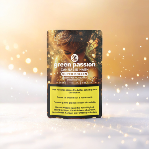 Edle Verpackung des Green Passion Super Pollen CBD Hash. 10g Premium Hash mit <1% THC und 31% CBD – hochwertig verarbeitet.