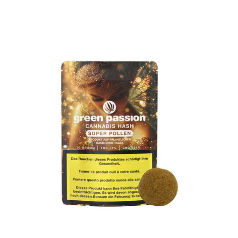 Green Passion Super Pollen CBD Hash – kunstvolle Verpackung mit runder Hash-Kugel. Hochwertiger CBD-Gehalt für den besten Genuss.