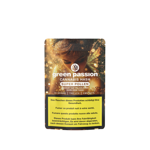 Super Pollen CBD Hash von Green Passion – edle Verpackung mit hochwertigem CBD Hash. 10g Inhalt, <1% THC, 31% CBD-Gehalt.