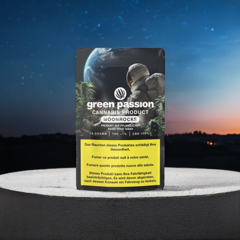 Green Passion CBD Moonrocks – Edle Präsentation in stilvoller Verpackung. Perfekt für alle, die eine kraftvolle CBD-Experience suchen.