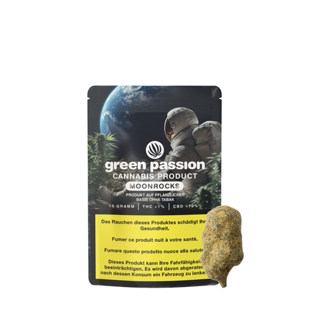 CBD Moonrocks von Green Passion – Schweizer Premium-Cannabisblüten, veredelt mit CBD Isolat, Hanfextrakt und CBD Pollen für ein intensives Geschmackserlebnis