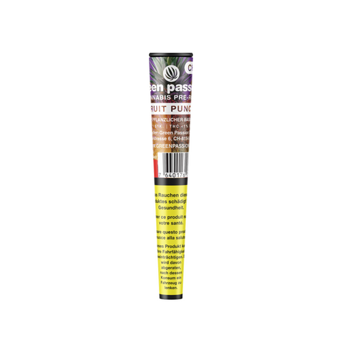 CBD Pre-Rolls Fruit Punch in hochwertiger Verpackung von Green Passion – versiegelter Joint aus reinen Schweizer Indoor-CBD-Blüten, ohne Tabak. Tropisch-fruchtiger Geschmack mit sanfter Wirkung. Ideal für einen puren CBD-Genuss.