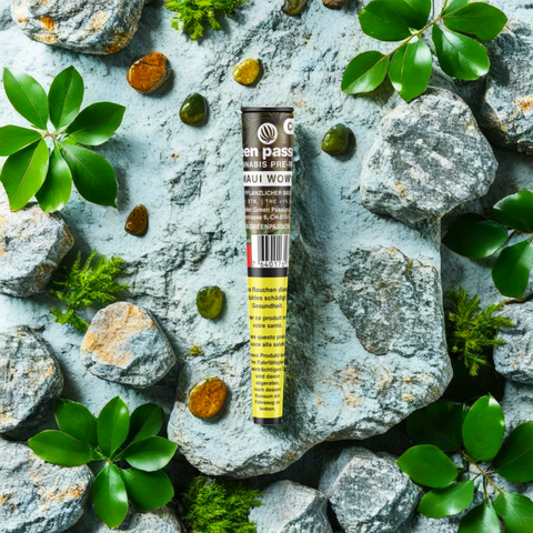 Nahaufnahme der Maui Wowy CBD Pre-Rolls von Green Passion. Der vorgerollte CBD-Joint mit tropischem Terpenprofil.