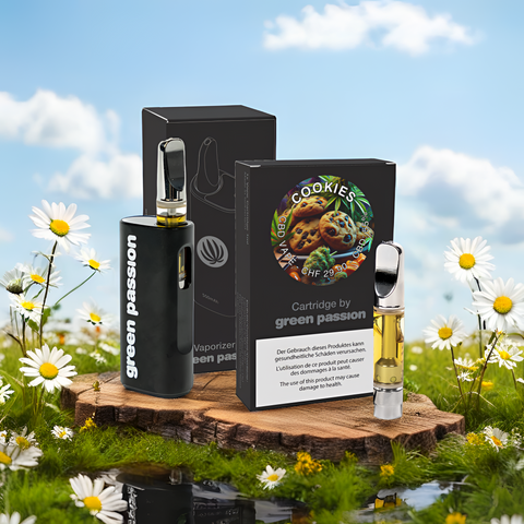 CBD Vape Set von Green Passion – Cookies Cartridge mit 55% CBD und stylischer Vape Pen Akku. Perfekte Kombination für vollen Geschmack und Genuss.