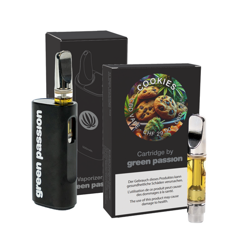 CBD Vape-Set Cookies von Green Passion – hochwertiges Set mit Vaporizer und 1ml Cookies-Kartusche, inklusive stylischer Verpackung, ideal für ein intensives Geschmackserlebnis.