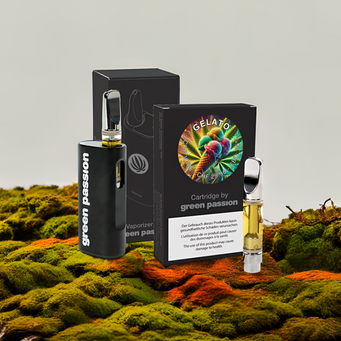 CBD Vape Set Gelato von Green Passion – cremig-fruchtiges Aroma mit 55% CBD. Enthält leistungsstarken CCELL Akku für gleichmässigen Dampfgenuss