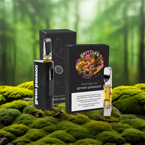 CBD Vape Set Zkittles von Green Passion – tropischer Geschmack mit 55% CBD. Enthält hochwertigen CCELL Akku für volles Aroma und weichen Dampf.