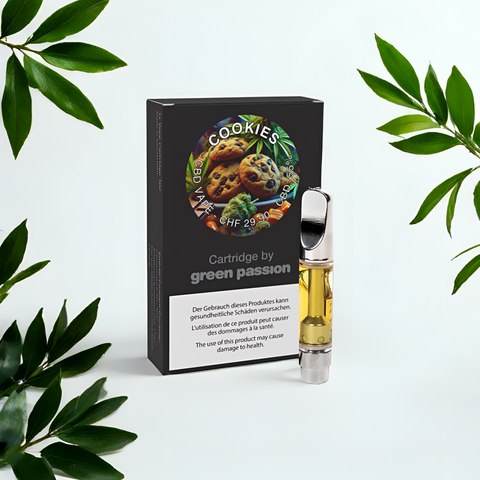 CBD Vape Cartridge Cookies von Green Passion – süss-herber Geschmack mit 55% CBD. Hochwertiges 1ml Liquid für ein intensives Dampferlebnis.