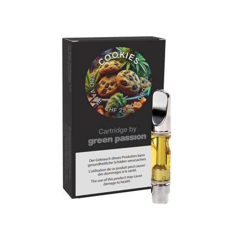 CBD Vape-Cartridge Cookies von Green Passion – hochwertige 1ml Kartusche mit verführerischem Cookies-Aroma, Verpackung und Kartusche abgebildet.