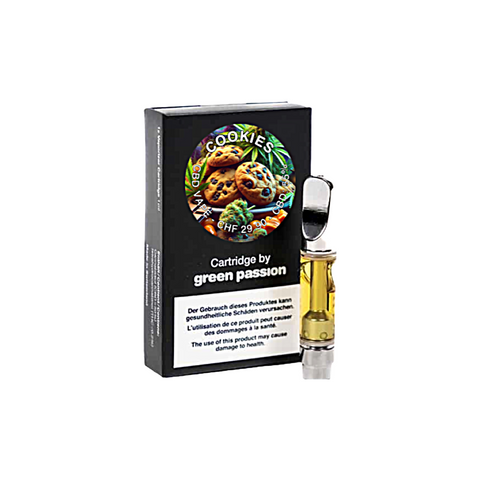 CBD Vape-Cartridge Cookies von Green Passion – hochwertige 1ml Kartusche mit verführerischem Cookies-Aroma, Verpackung und Kartusche abgebildet.