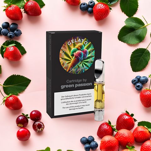 CBD Vape Cartridge Gelato von Green Passion – fruchtig-cremiger Geschmack mit 55% CBD. Perfektes Aroma für entspannte Momente.