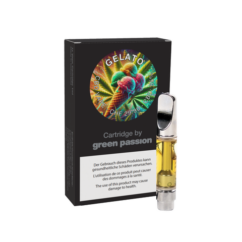 CBD Vape-Cartridge Gelato von Green Passion – hochwertige 1ml Kartusche mit köstlichem Gelato-Aroma, Verpackung und Kartusche abgebildet.