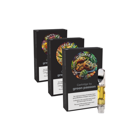 CBD Vape Cartridges Set von Green Passion – Set aus drei 1ml Kartuschen mit den Geschmacksrichtungen Gelato, Cookies und Zkittles, stilvoll verpackt und perfekt für ein individuelles Dampferlebnis.