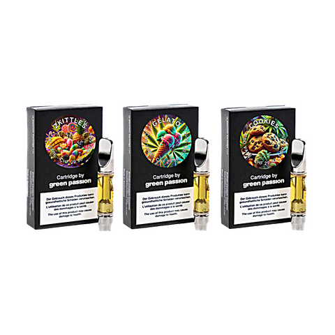 CBD Vape Cartridges Set von Green Passion – Set aus drei 1ml Kartuschen mit den Geschmacksrichtungen Gelato, Cookies und Zkittles, stilvoll verpackt und perfekt für ein individuelles Dampferlebnis.