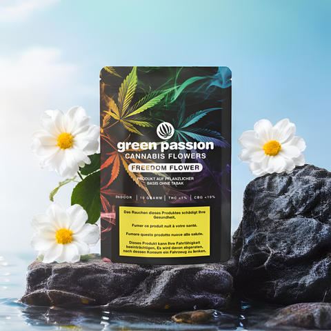 Green Passion Freedom Flower CBG – Stilvolles Nahaufnahme mit hochwertiger Verpackung. Perfekt für Geniesser, die Wert auf Qualität und Reinheit legen.