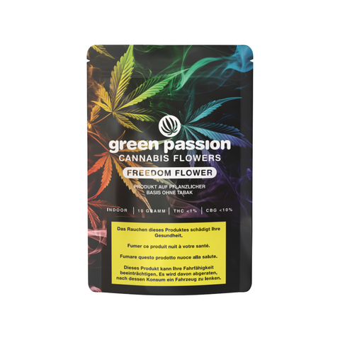 Freedom Flower CBG Blüten von Green Passion – Schweizer Qualitätsprodukt mit hohem CBG-Gehalt, in praktischer und ansprechender Verpackung.